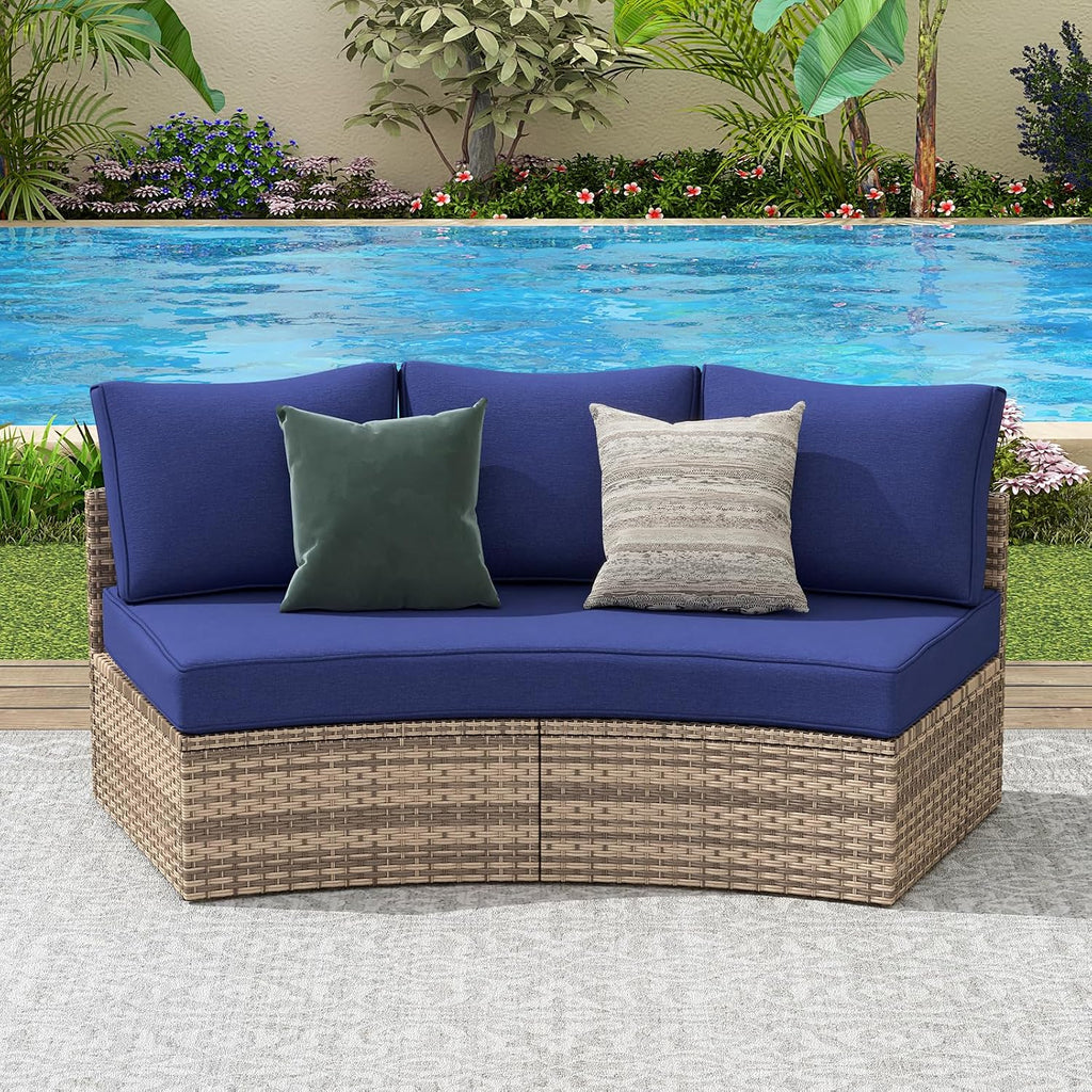 PaPaJet 3-Piece Patio Furniture Set, Half-Moon Wicker Sectional Sofa with Cushions, Waterproof Rattan Outdoor Conversation Set for Beach, Pool, Garden & Balcony, Blue