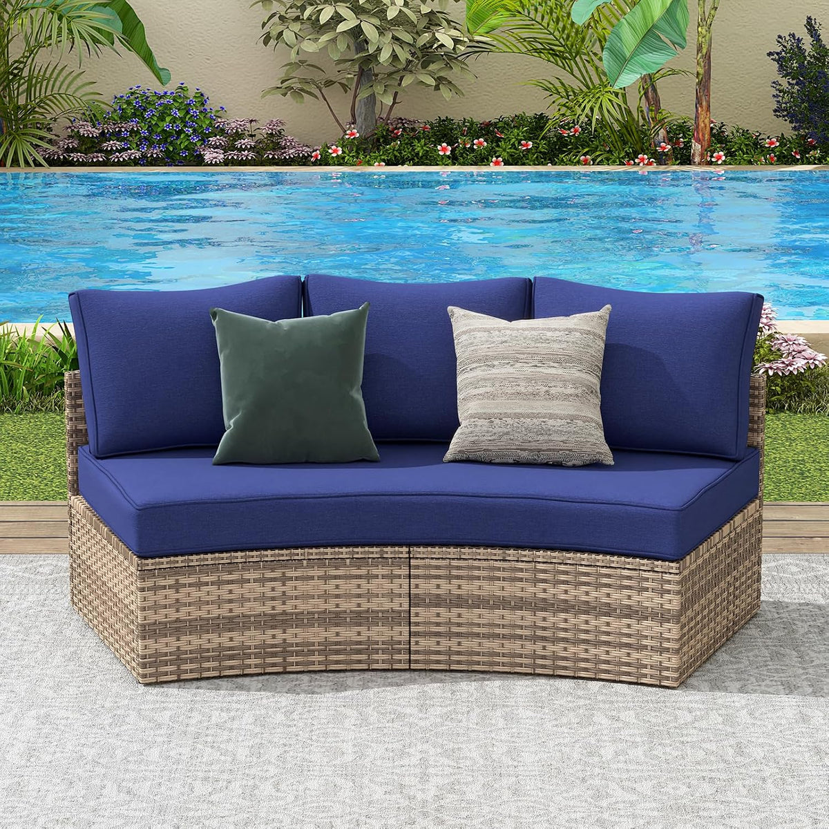 PaPaJet 3-Piece Patio Furniture Set, Half-Moon Wicker Sectional Sofa with Cushions, Waterproof Rattan Outdoor Conversation Set for Beach, Pool, Garden & Balcony, Blue