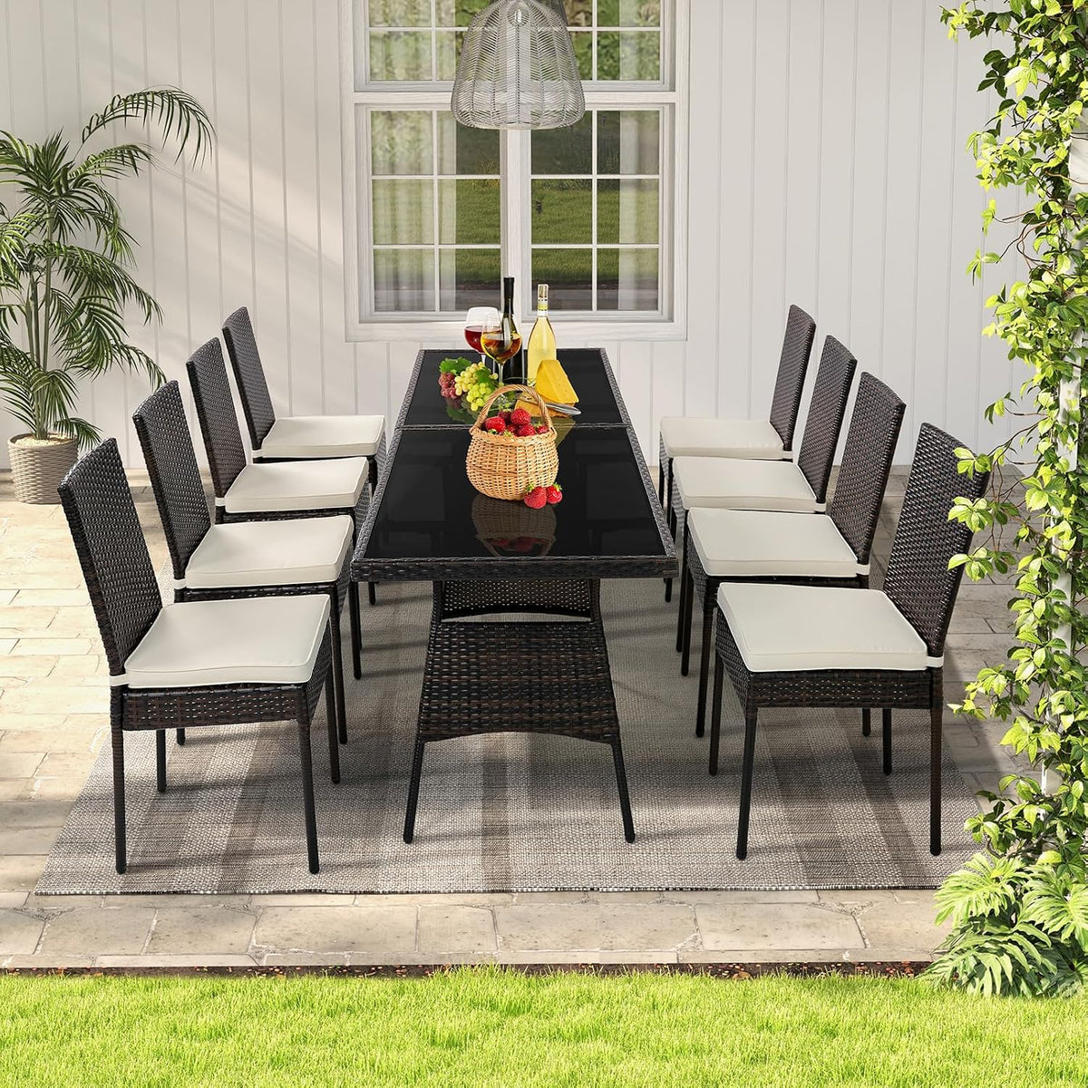Tangkula 10 Pieces Wicker Patio Dining Set, Outdoor Rattan Table & Chairs Set with Padded Cushions, Patio Furniture Dining Glass Table Set for Balcony Patio Garden Poolside