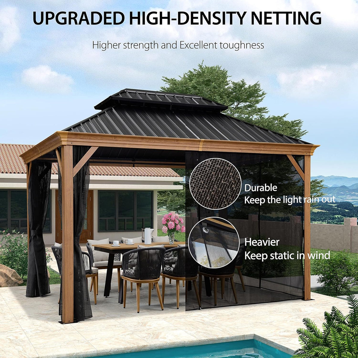PURPLE LEAF 10' X 12' Outdoor Hardtop Gazebo for Patio Galvanized Steel Double Roof Permanent Canopy Teak Finish Coated Aluminum Frame Pavilion Gazebo with Netting