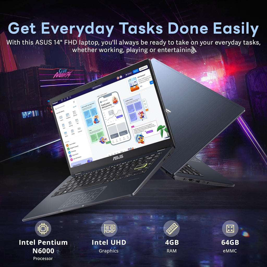ASUS 14' FHD Laptop, Intel Pentium N6000 Processor, 4GB RAM, 64GB eMMC, Intel UHD Graphics, 720p Webcam, Wi-Fi, Bluetooth, Windows 11, Star Black (Renewed)