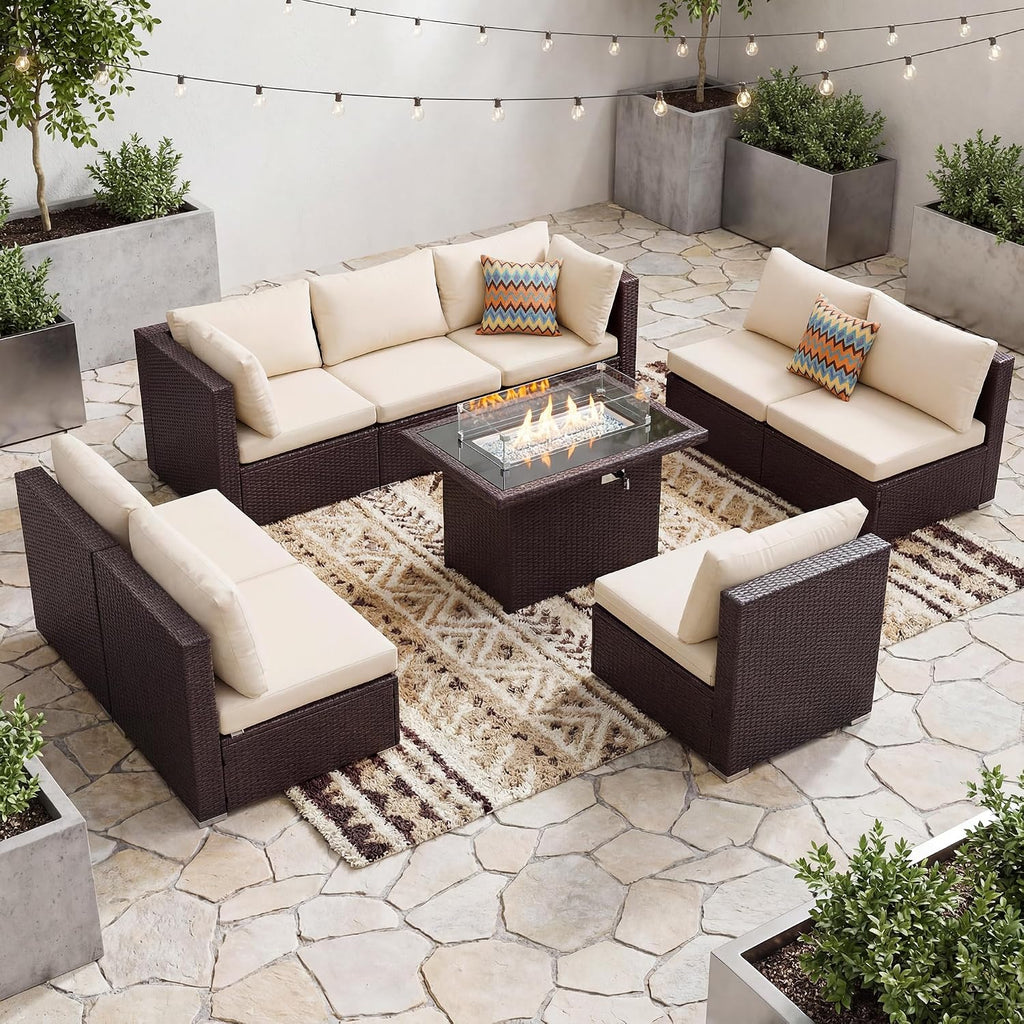 BULEXYARD 9 Piece High Back Outdoor Sectional Couch Set with Fire Pit, Elegant All-Weather Patio Furniture Set, Extra Large Size 8-Person Backyard Seating Group L-Shape for Yard, Deck, Brown & Beige
