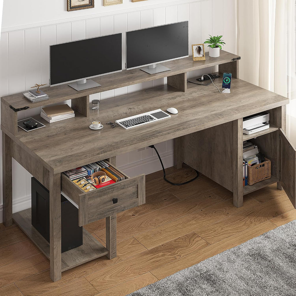 EnHomee Computer Desk with Drawers,23' D Home Office Desk with Storage,Wooden Desk with Monitor Stand,Farmhouse Desk with Printer Space and Power Outlets for Studio,Work, Study,Writing&Gaming
