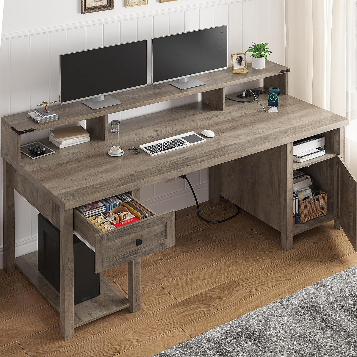 EnHomee Computer Desk with Drawers,23' D Home Office Desk with Storage,Wooden Desk with Monitor Stand,Farmhouse Desk with Printer Space and Power Outlets for Studio,Work, Study,Writing&Gaming