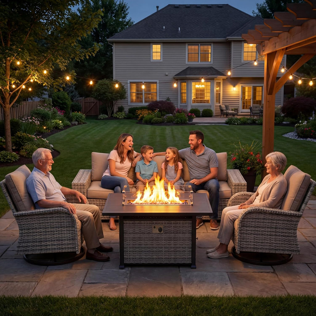 13-Piece Outdoor Patio Furniture Set with 55,000 BTU Fire Pit Table, PE Wicker Rattan Sectional Sofa Patio Conversation Set with Thickened Cushions & Coffee Table, Beige