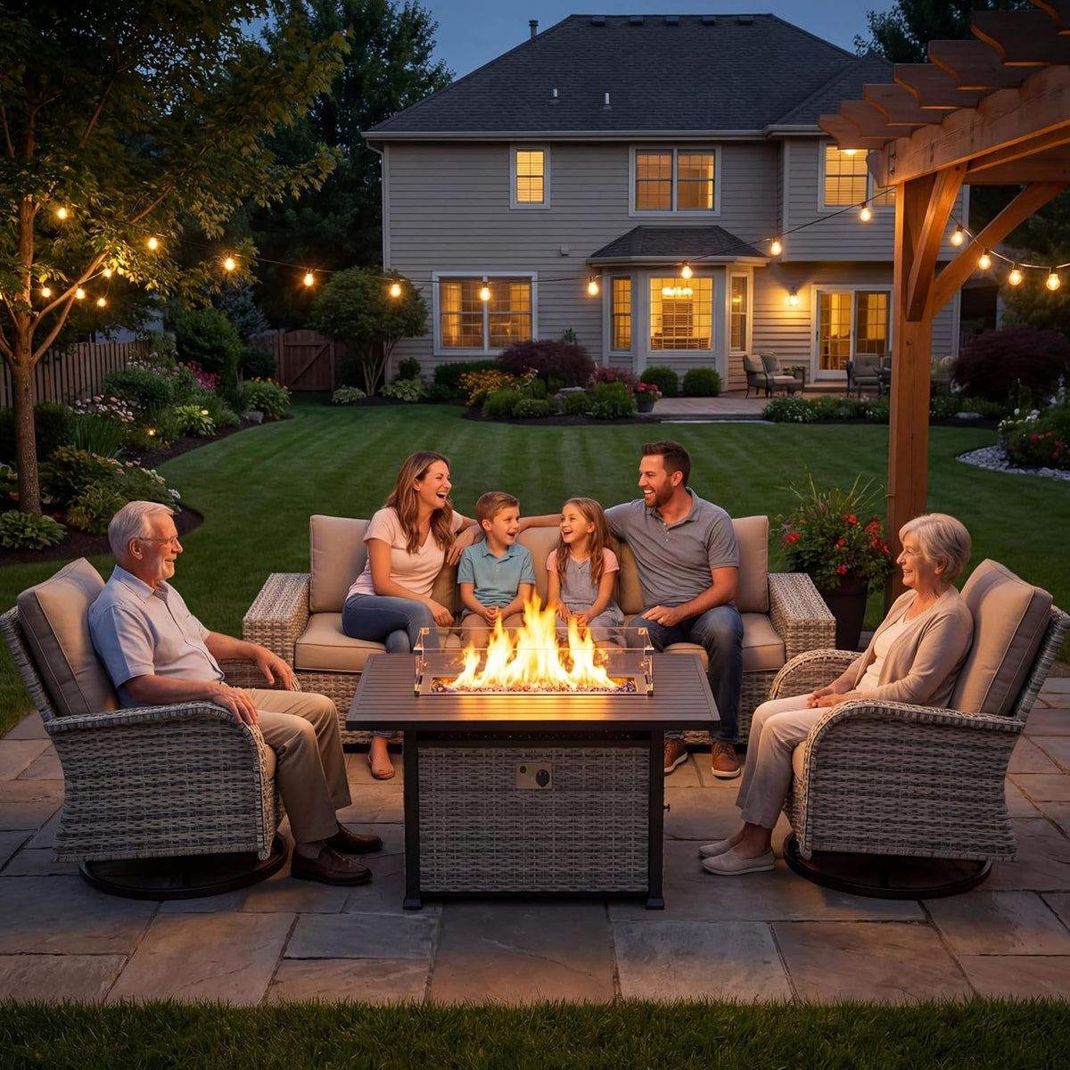 13-Piece Outdoor Patio Furniture Set with 55,000 BTU Fire Pit Table, PE Wicker Rattan Sectional Sofa Patio Conversation Set with Thickened Cushions & Coffee Table, Beige