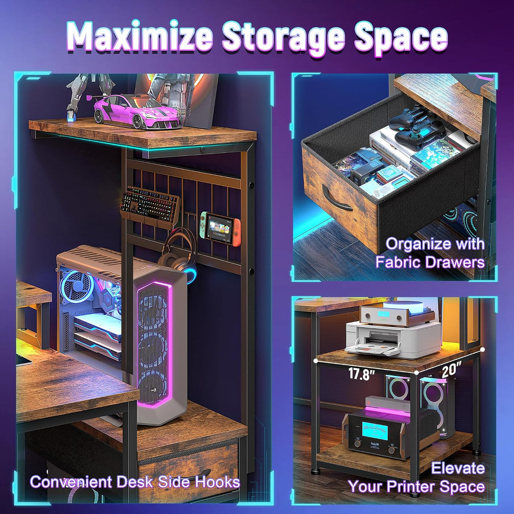 DurayLoly 63' Computer Desk with LED Lights & Outlets,Office Desk with Drawers & Monitor Stand,Gaming Desk with 3 Storage Shelves, Hooks& Printer Space for Game&Study Room,Home Office,Bedroom,Brown