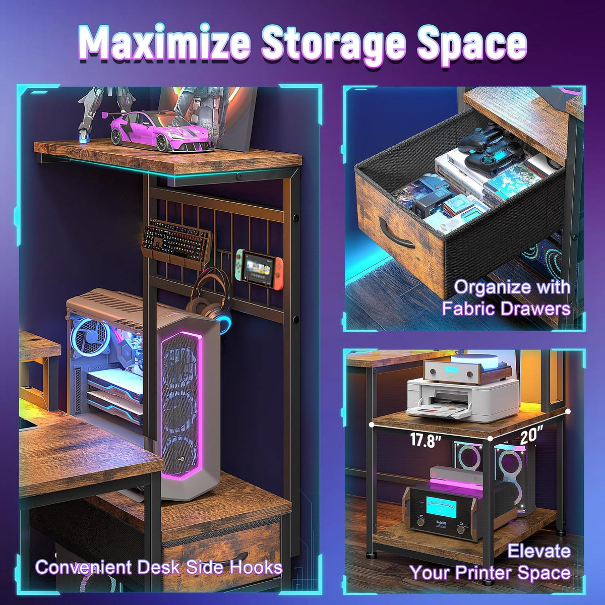 DurayLoly 63' Computer Desk with LED Lights & Outlets,Office Desk with Drawers & Monitor Stand,Gaming Desk with 3 Storage Shelves, Hooks& Printer Space for Game&Study Room,Home Office,Bedroom,Brown