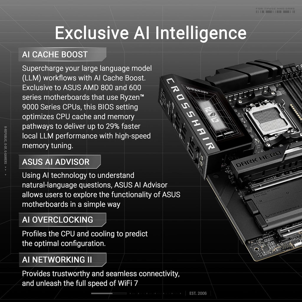 ASUS ROG Crosshair X870E Dark Hero ATX Motherboard, 20+2+2 Power Stages, DDR5 Slots, PCIe® 5.0, Five M.2 Slots, 3D VC M.2 heatsink, USB4®, AI Cache Boost, PCIe Slot Q-Release, AIO Q-Connector