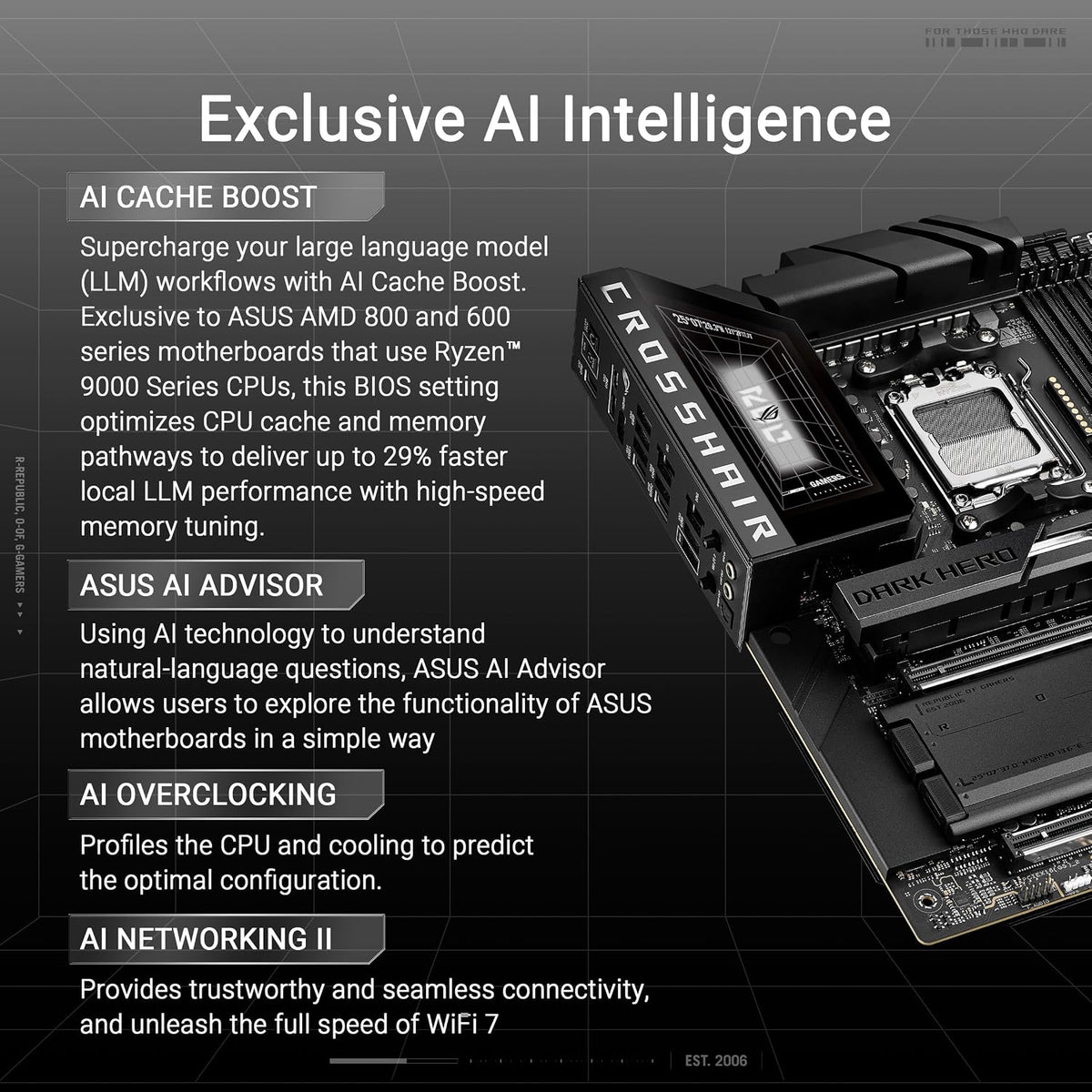 ASUS ROG Crosshair X870E Dark Hero ATX Motherboard, 20+2+2 Power Stages, DDR5 Slots, PCIe® 5.0, Five M.2 Slots, 3D VC M.2 heatsink, USB4®, AI Cache Boost, PCIe Slot Q-Release, AIO Q-Connector
