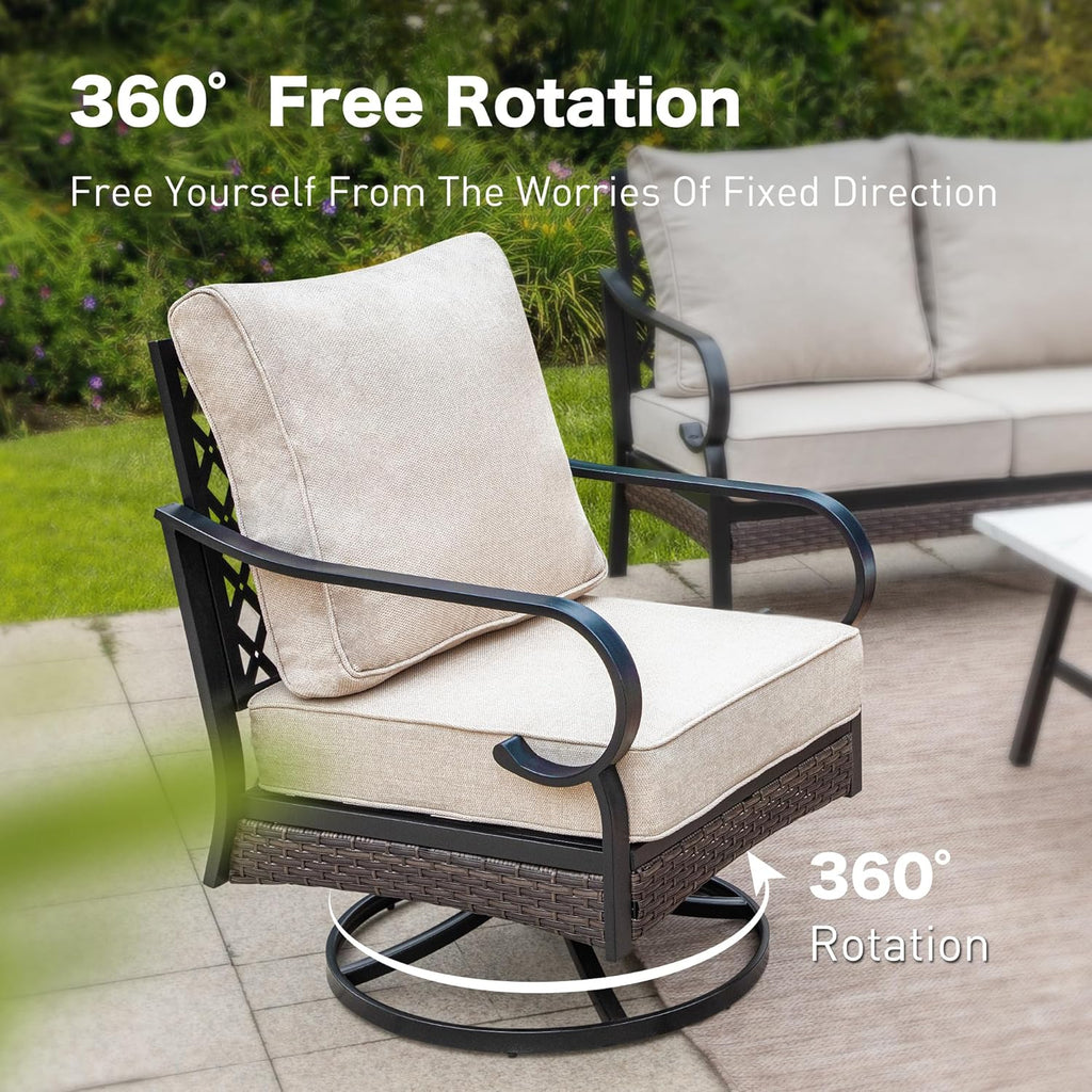 SUNSHINE VALLEY 4 PCS Metal Outdoor Patio Furniture Set, Patio Conversation Sets 1 3-Seater Sofa, 2 Swivel Chairs with 5.75' Extra Thick Cushion & Coffee Table, Black Frame Backyard Furniture, Beige