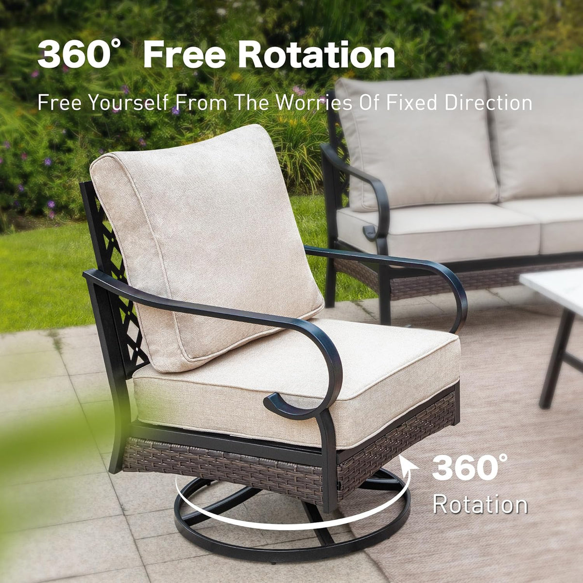 SUNSHINE VALLEY 4 PCS Metal Outdoor Patio Furniture Set, Patio Conversation Sets 1 3-Seater Sofa, 2 Swivel Chairs with 5.75' Extra Thick Cushion & Coffee Table, Black Frame Backyard Furniture, Beige