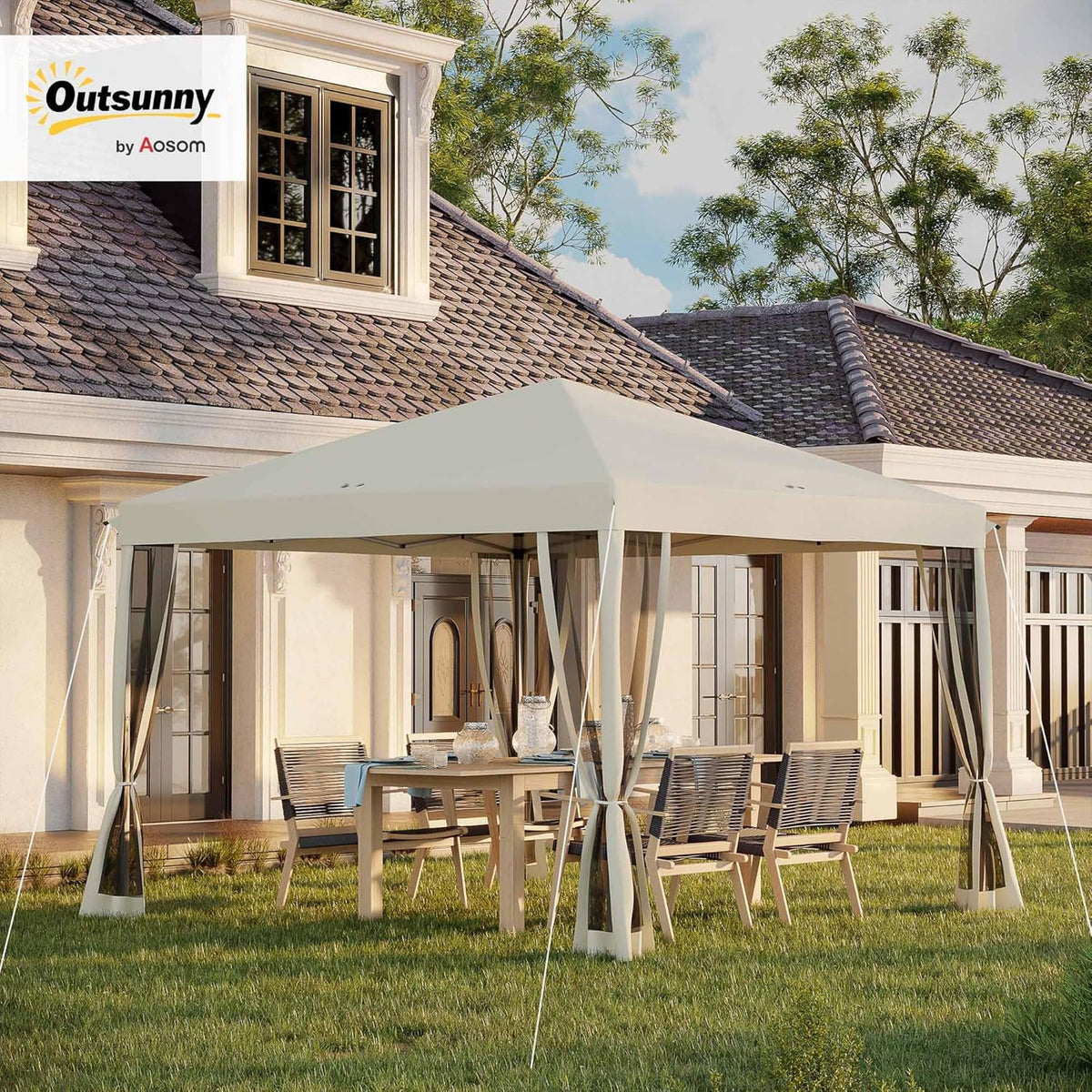 Outsunny 10' x 10' Pop Up Canopy Tent with Netting, Instant Gazebo, Screen House Room with Carry Bag, Height Adjustable, for Outdoor, Garden, Patio, Camping, Beige