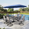 MFSTUDIO Patio Dining Set for 6, Patio Furniture Set with Blue Umbrella (Base not Included), Outdoor Rectangle Table and Swivel Chairs Set for Deck, Backyard, Lawn & Garden