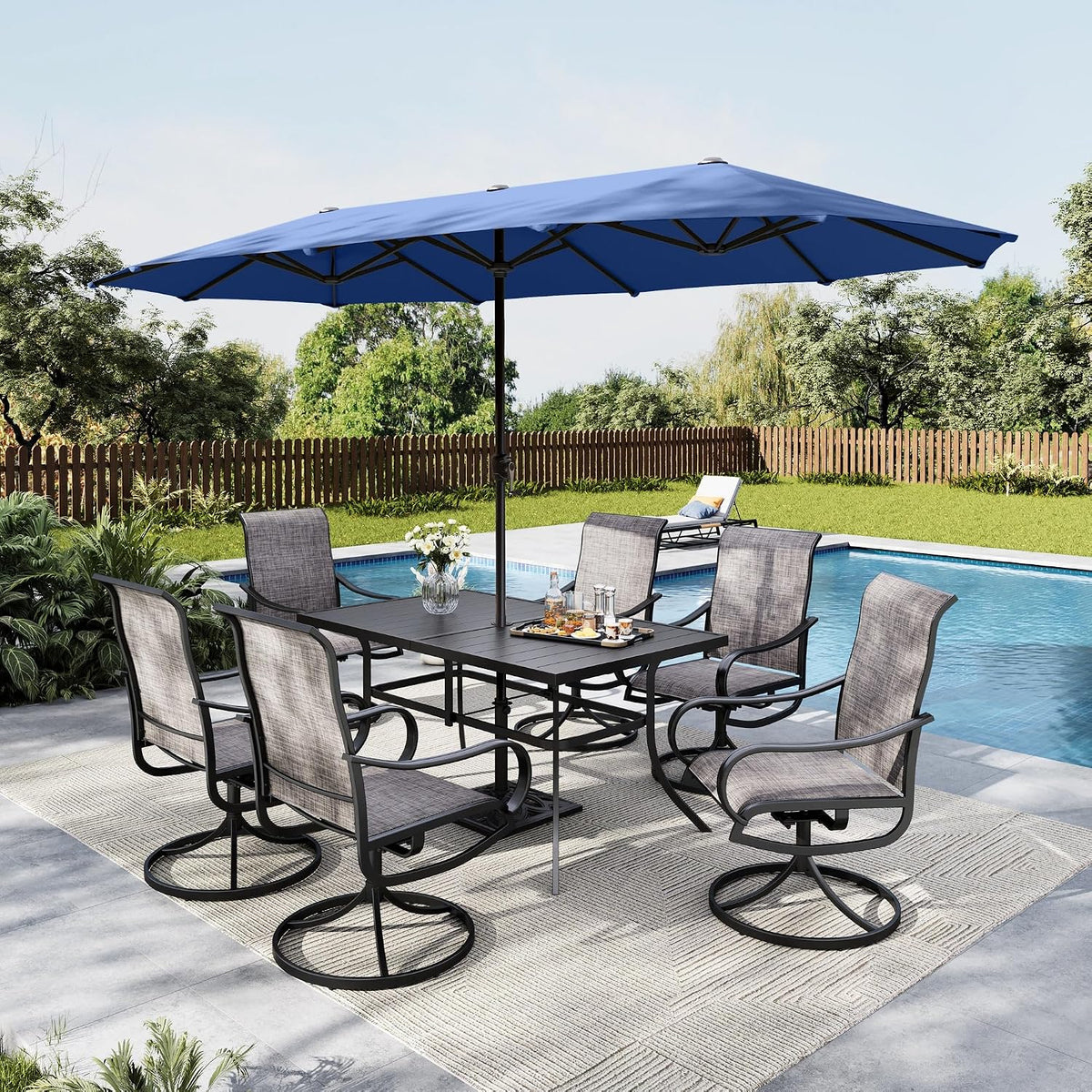 MFSTUDIO Patio Dining Set for 6, Patio Furniture Set with Blue Umbrella (Base not Included), Outdoor Rectangle Table and Swivel Chairs Set for Deck, Backyard, Lawn & Garden