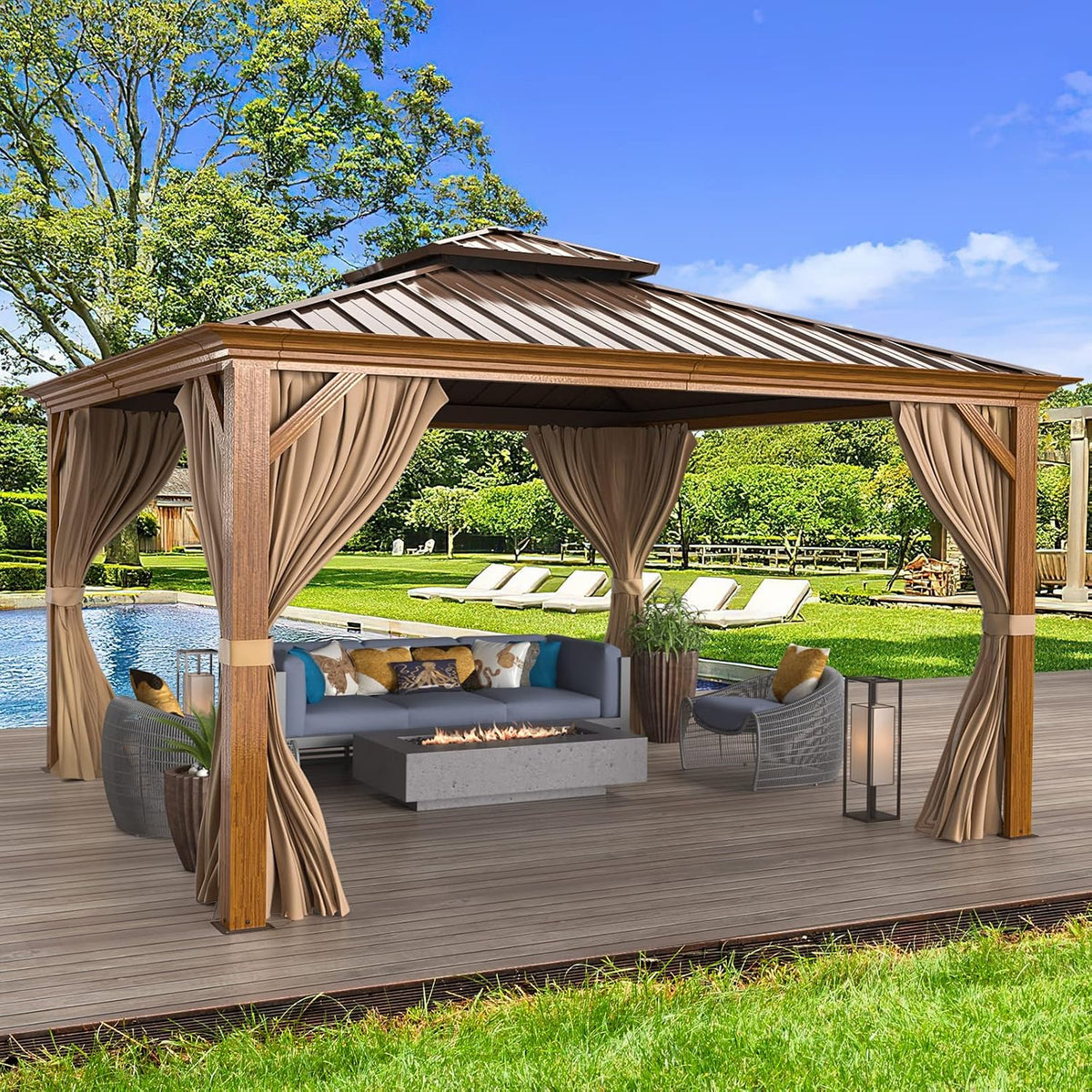 EROMMY 12'x12' Hardtop Gazebo, Wood Grain Aluminum Frame Outdoor Gazebo with Double Galvanized Steel Roof, Permanent Metal Pavilion with Curtains and Nettings for Patio, Backyard, Deck and Lawns