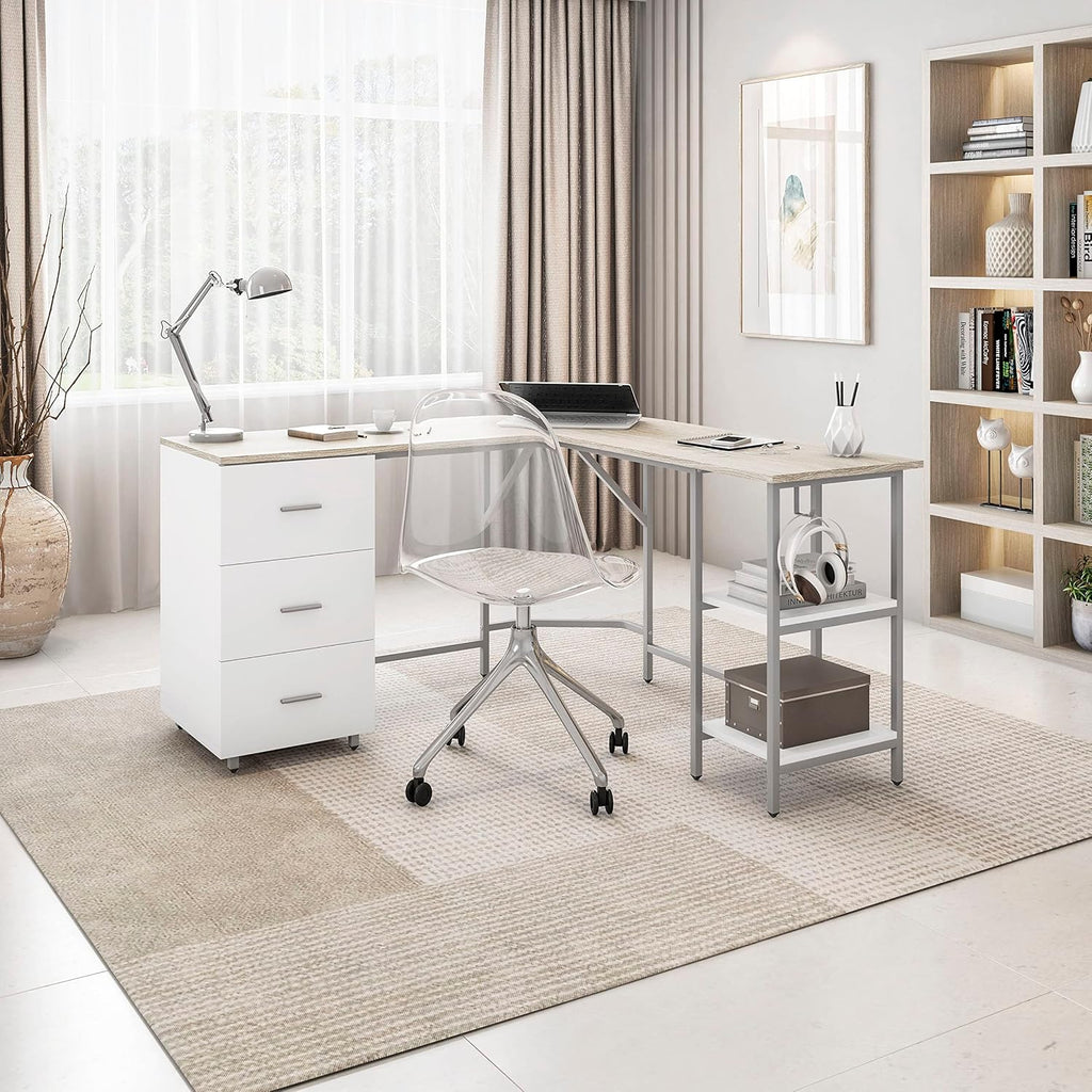 Techni Mobili L Shaped Desk - Two-Toned Computer Desk with Drawers & Storage Shelves - Simple Modern Furniture & Home Office Space Corner Table for Work & Writing