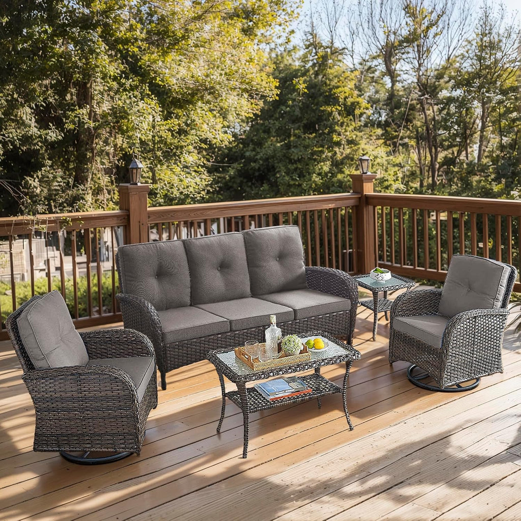 5 Piece Patio Furniture Set - Wicker Patio Conversation Set with Swivel Glider, 3 Seat Sofa, Tempered Glass Side Table and Coffee Table for Deck Backyard - Brown Wicker Grey Cushion