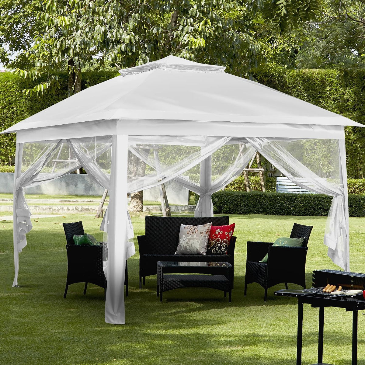GDY 11x11 Pop Up Canopy Tent, Outdoor Canopy with Netting, Outdoor Gazebo for Backyard, Tent with Hand Bag, White.