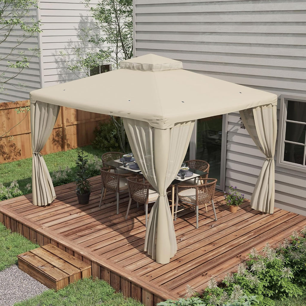 Outsunny 9.6' x 11.6' Patio Gazebo, Outdoor Canopy Shelter with 2-Tier Roof and Netting, Steel Frame for Garden, Lawn, Backyard, and Deck, Cream White