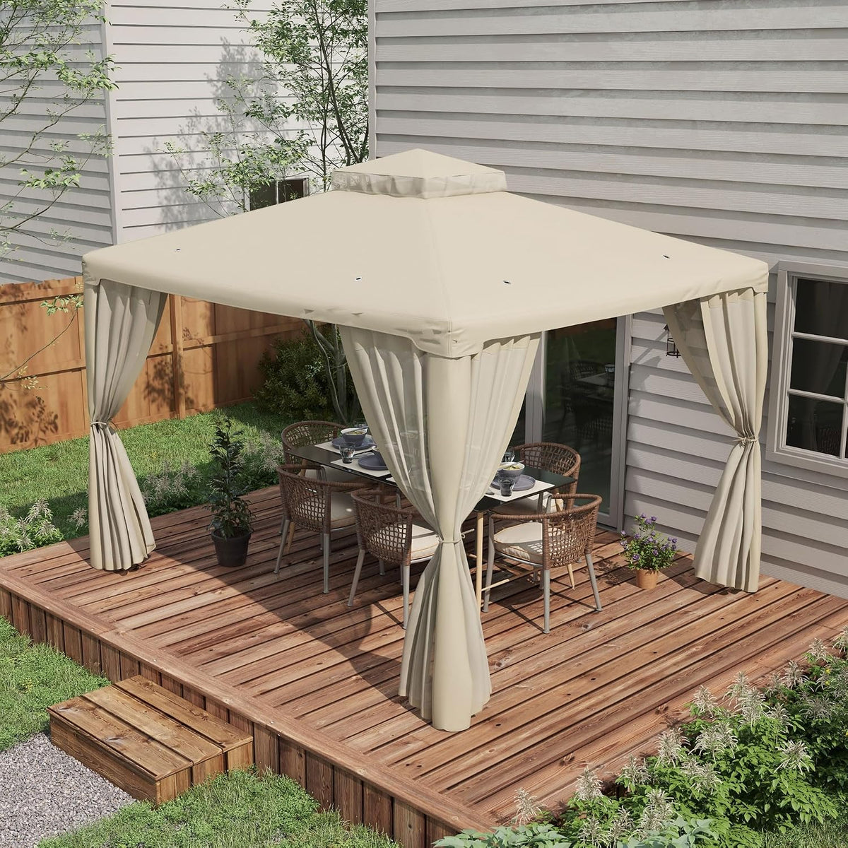 Outsunny 9.6' x 11.6' Patio Gazebo, Outdoor Canopy Shelter with 2-Tier Roof and Netting, Steel Frame for Garden, Lawn, Backyard, and Deck, Cream White