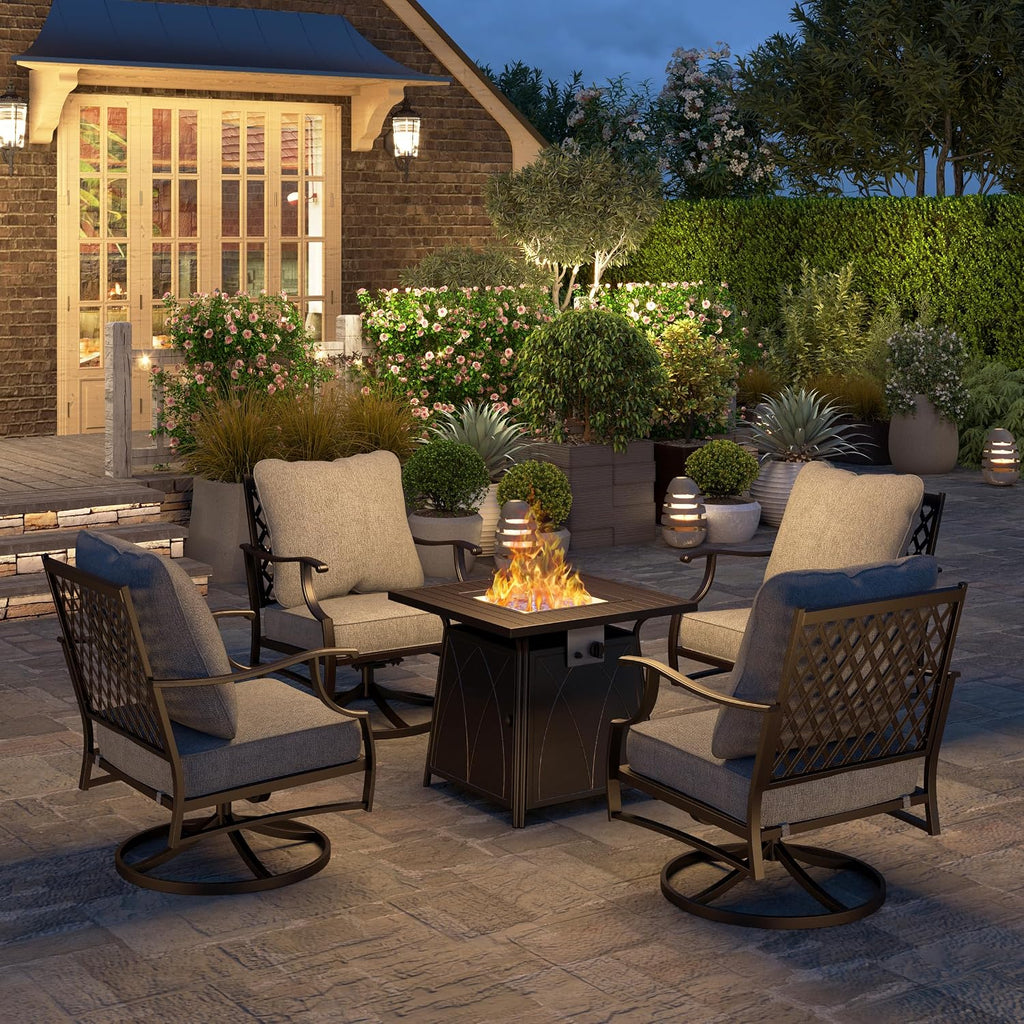 HERA'S HOUSE 5 Pieces Fire Pit Patio Furniture Set, 4 x Thick Cushioned Swivel Chairs with 28' Fire Pit Table (50,000 BTU), Outdoor Conversation Set for Garden, Backyard, Lawn