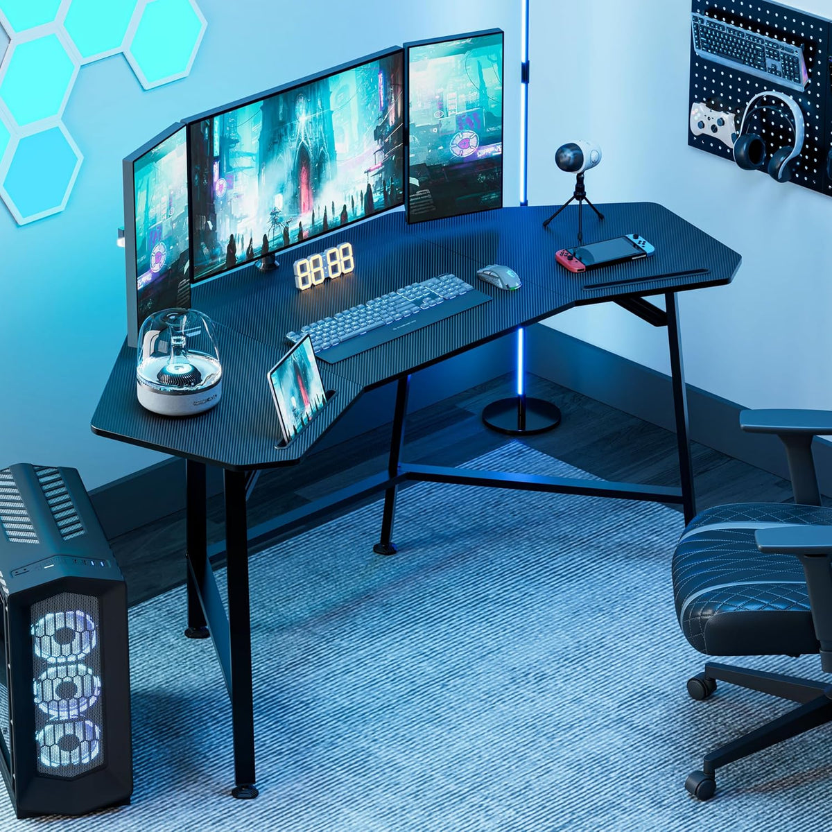 EUREKA ERGONOMIC Gaming Desk Wing-Shaped Desks,63 inch Computer Desk Table for Work Home Office,Ergonomic Studio Desk Gamer Workstation for Live & Streamer with Mousepad,Black