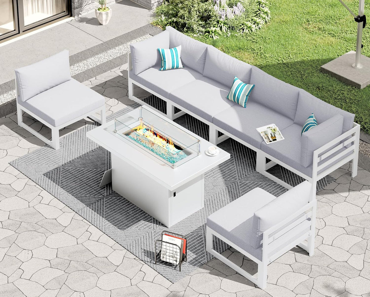 RADIATA 6 Person Large Modern Aluminum Outdoor Patio Furniture Set with Fireplace, 29' Wide Deep Seating, U Shaped Combo Sectional Couch, Water Resistant Conversation Set for Backyard Terrace, White