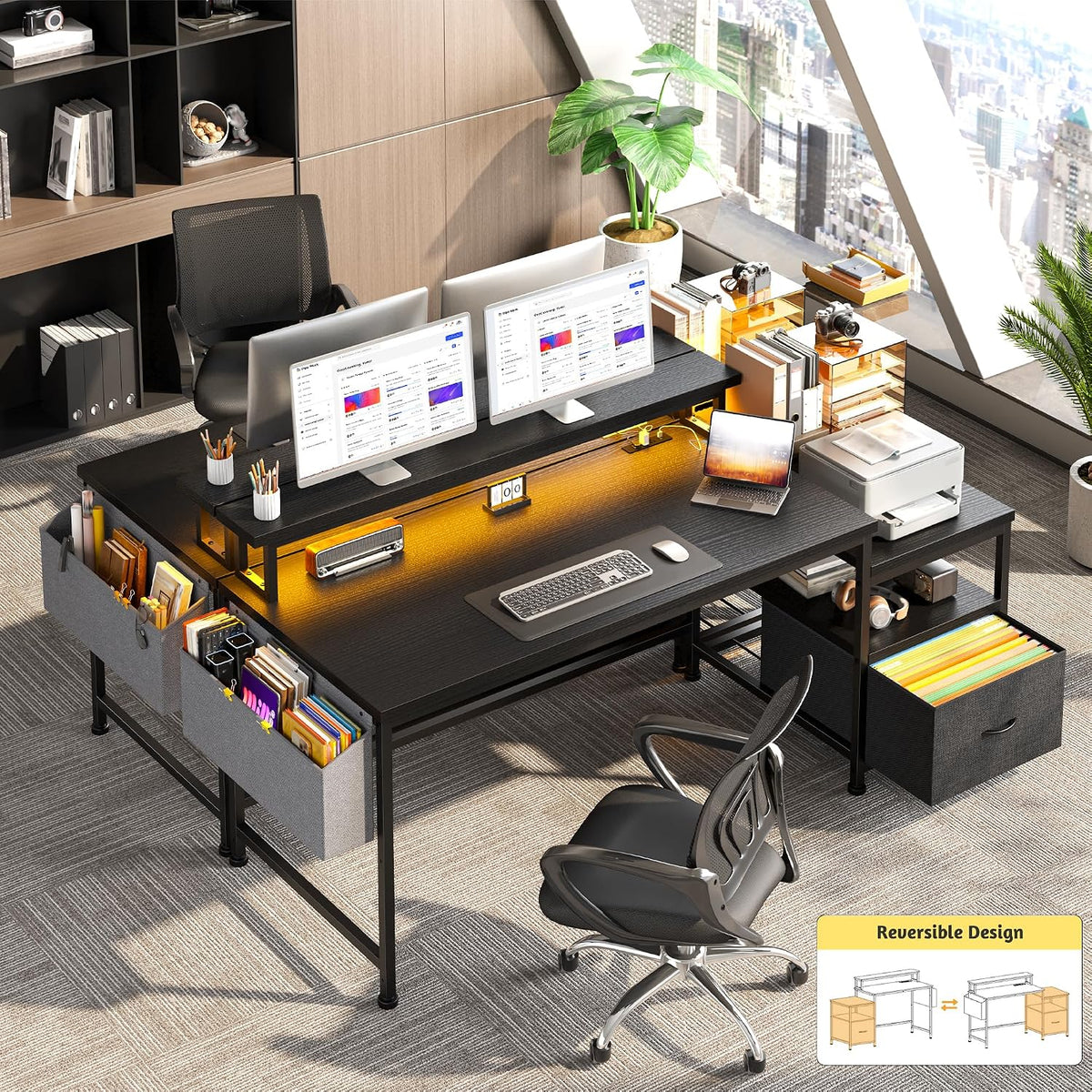 DurayLoly Gaming Desk with Monitor Stand,Computer Desk with LED Lights &Power Outlets,Office Desk with Drawers & Printer Shelf,Writing Table with Side Storage Bag,57' W x 20' D x 36' H,Black Desk