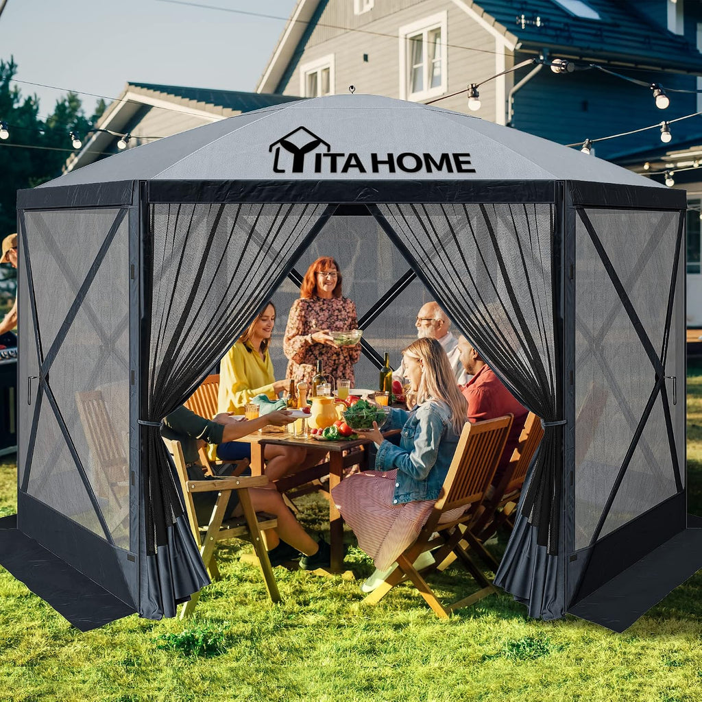 YITAHOME 11.5x11.5ft Camping Gazebo, Portable Pop Up Canopy Outdoor Screen Tent 6 Sided with Mesh Windows and Carry Bag for Camping, Picnic, Backyard Party Outside Activities, Gray