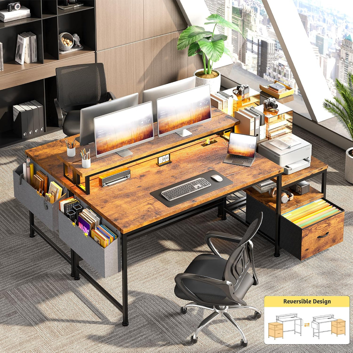 DurayLoly Computer Desk with Monitor Stand,Office Desk with LED Lights &Power Outlets,Gaming Desk with Drawers & Printer Shelf,Writing Table with Side Storage Bag,57' W x 20' D x 36' H,Rustic Brown