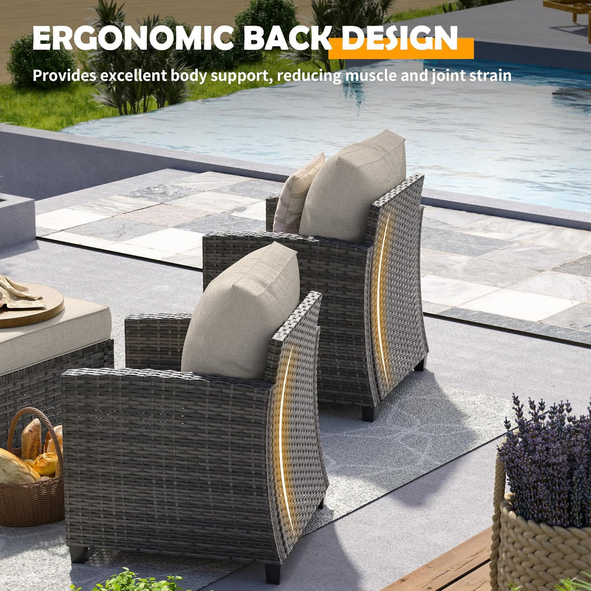 UDPATIO Patio Furniture Set with 44' Fire Pit Table, 6 Pieces Outdoor Sectional Conversation Sets, All-Weather Wicker Rattan Sofa Ottoman with 4' Thick Cushion for Garden Backyard Deck, Khaki