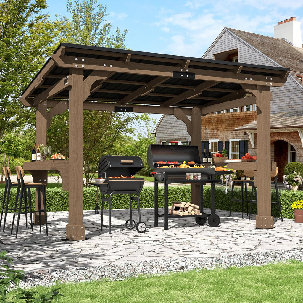 Yardenaler 8 x 10 FT Wooden Grill Gazebo with Sloping Metal Roof, Outdoor BBQ Grill Gazebo with 2 Grilling Workstations, BBQ Canopy for Outdoor Patio, Garden, Lawn, Light Mocha Brown