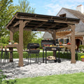 Yardenaler 8 x 10 FT Wooden Grill Gazebo with Sloping Metal Roof, Outdoor BBQ Grill Gazebo with 2 Grilling Workstations, BBQ Canopy for Outdoor Patio, Garden, Lawn, Light Mocha Brown