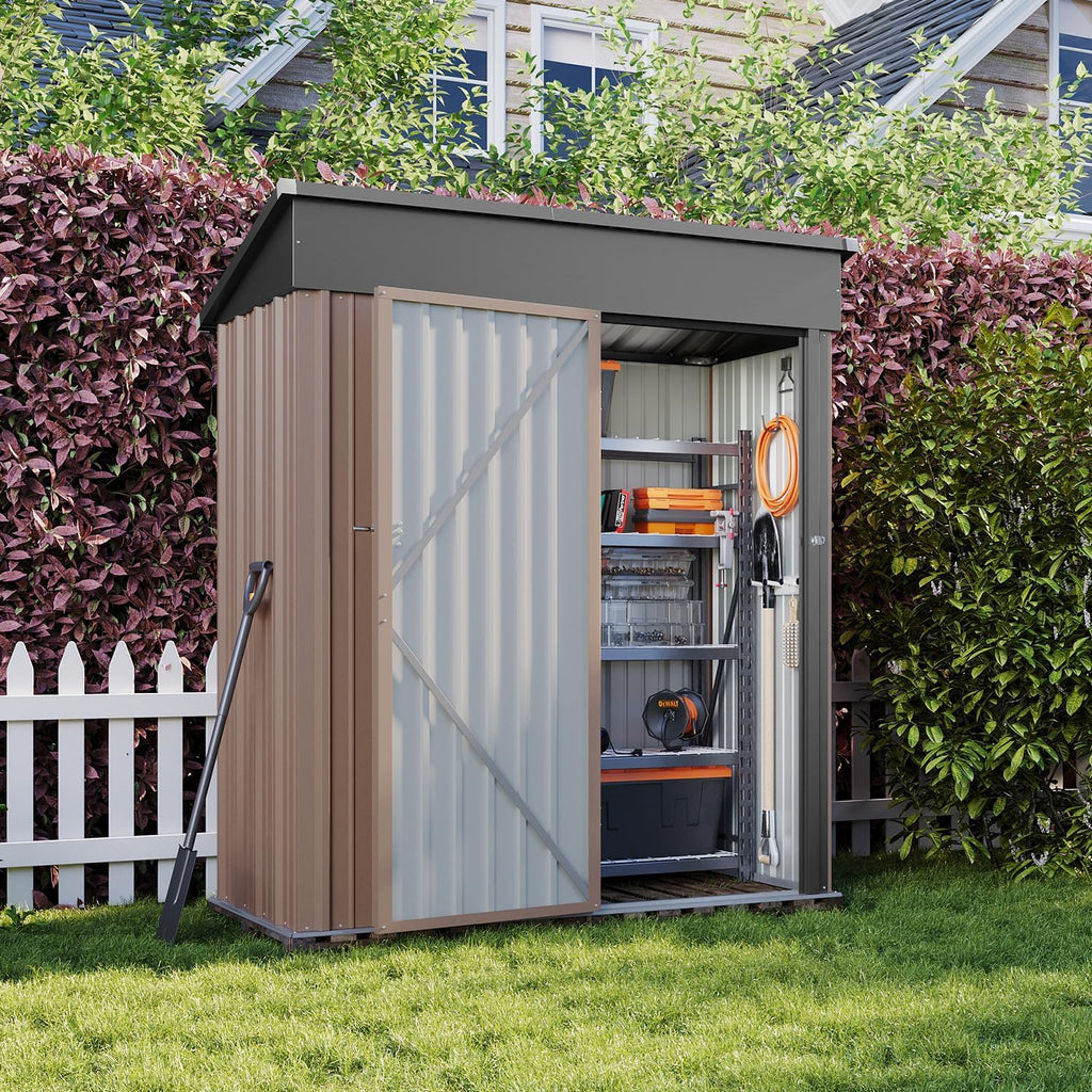 Aoxun 5x2.7 FT Shed Outdoor Storage Shed Metal Tool Shed with Door and Lock Outdoor Shed for Garden, Backyard, Poolside, Brown