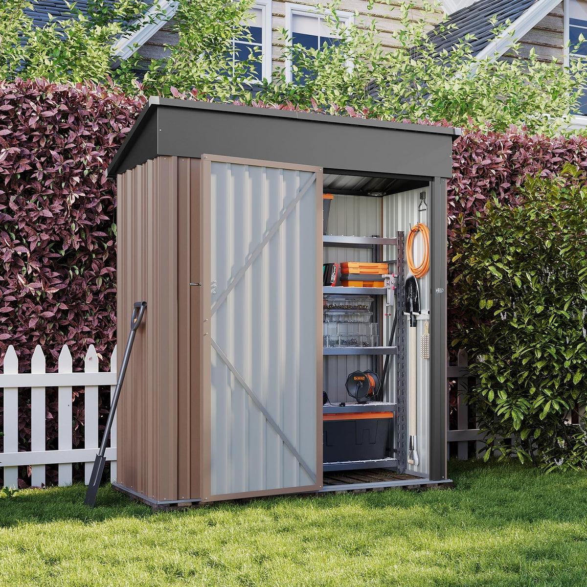 Aoxun 5x2.7 FT Shed Outdoor Storage Shed Metal Tool Shed with Door and Lock Outdoor Shed for Garden, Backyard, Poolside, Brown