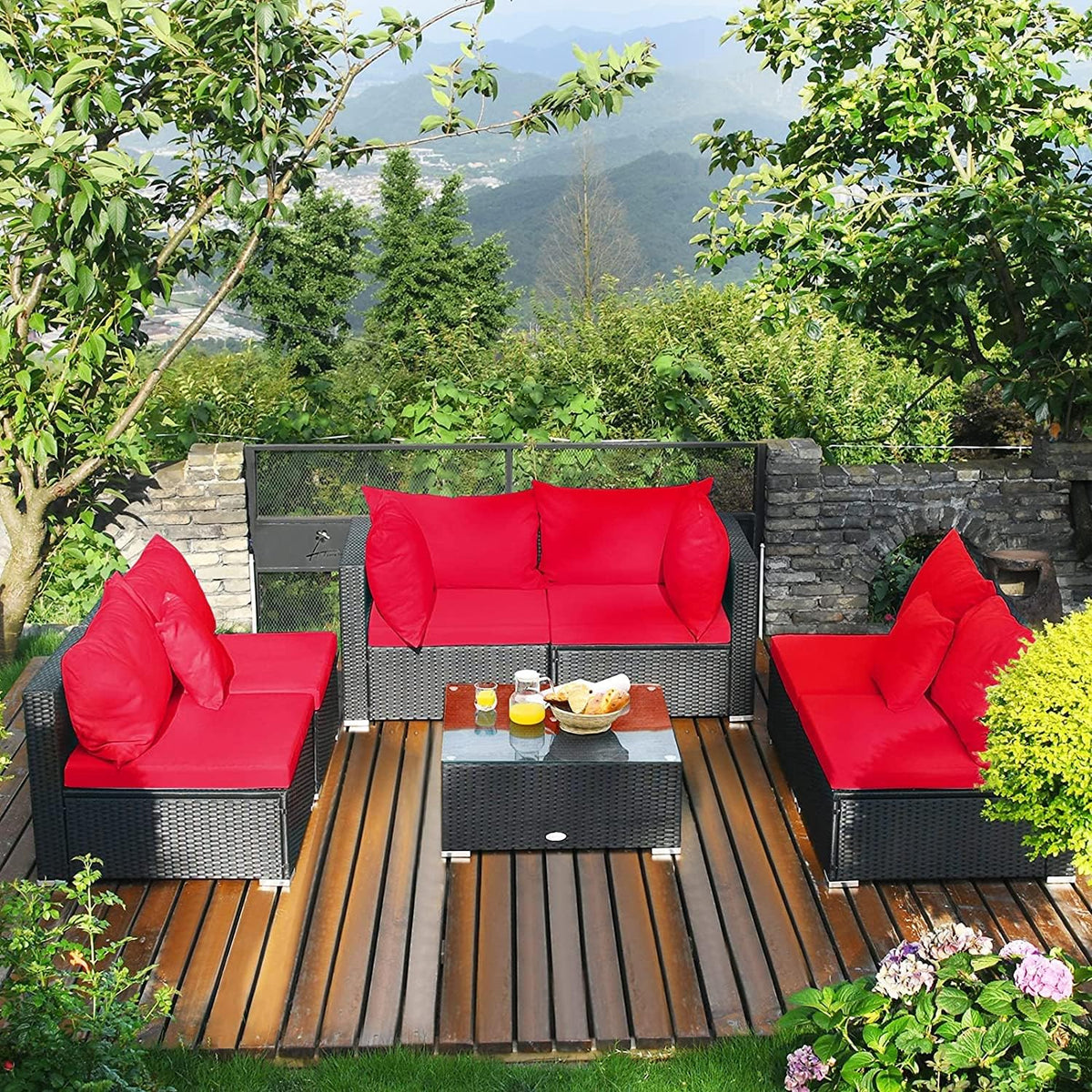 HAPPYGRILL 7pcs Patio Furniture Set Outdoor Rattan Wicker Sectional Sofa Set with Cushions & Pillows & Coffee Table for Garden Lawn