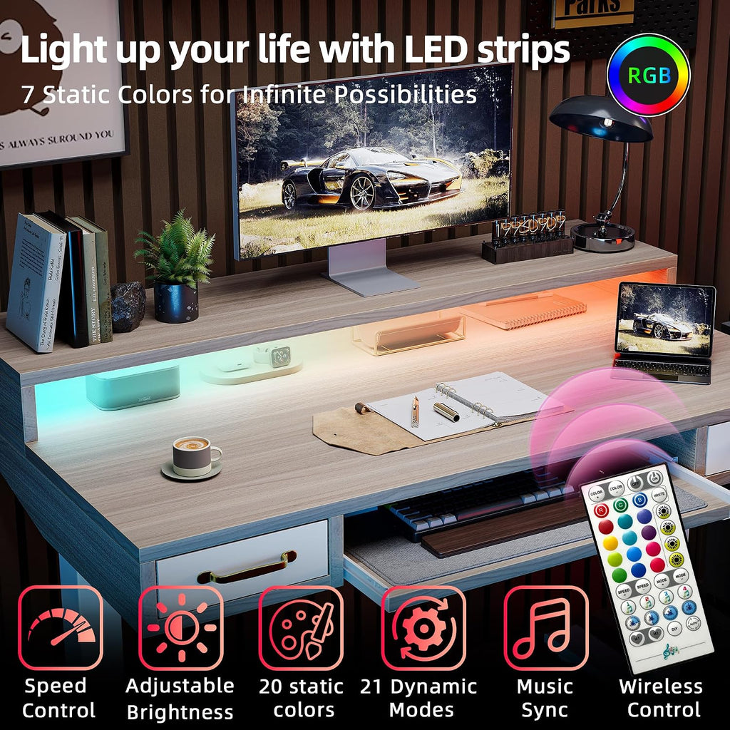 TIQLAB Standing Desk with Two Drawers, Stand Up Standing Desk Adjustable Height, Electric Sit Stand Table with Storage Shelf and Splice Board, with LED Light, 47 * 28 inch, Light Walnut