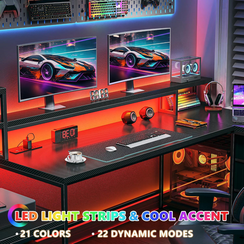 71' L Shaped Gaming Desk with 3 Drawers & Hutch,Computer Desk with Monitor Stand & Power Outlet,Home Office Desk Reversible Black Desk with LED Light,Printer Shelf for Home Office,Black Carbon Fiber
