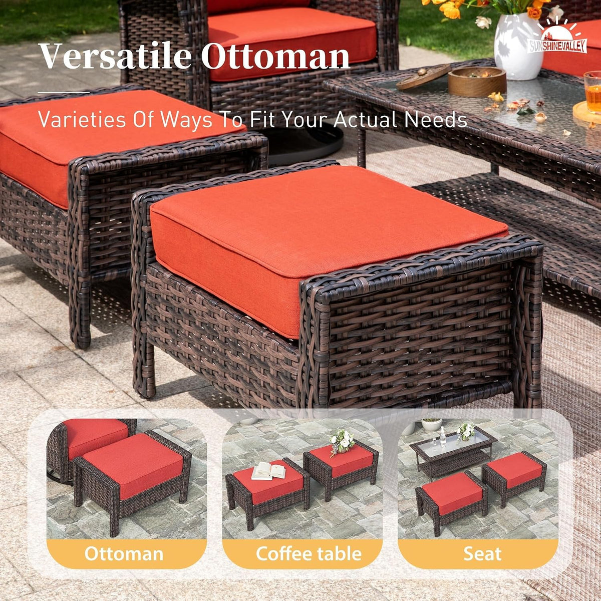 SUNSHINE VALLEY Patio Furniture Set with Swivel Chairs, High Back Wicker Rattan Furniture with 5.5' Thick Cushion and 2 Ottoman, Outdoor Conversation Set for Backyard Deck, Red
