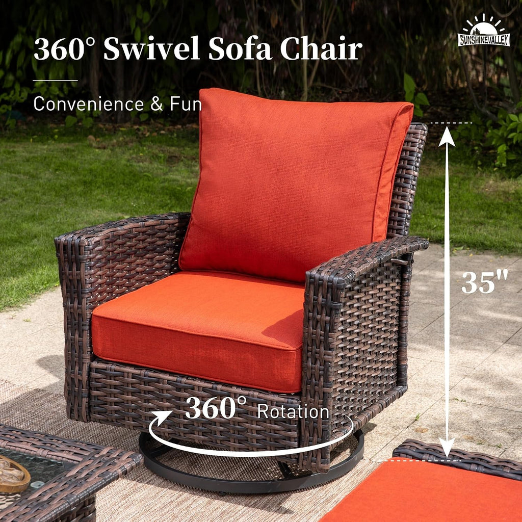 SUNSHINE VALLEY Patio Furniture Set with Swivel Chairs, High Back Wicker Rattan Furniture with 5.5' Thick Cushion and 2 Ottoman, Outdoor Conversation Set for Backyard Deck, Red