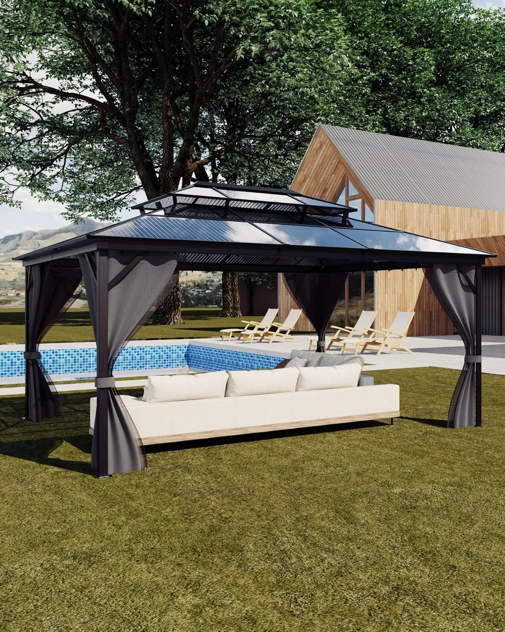 GarveeLife 12 ft x16 ft Hardtop Gazebo for All Weather, Double Polycarbonate Sheets Roof, Aluminum Alloy Frame, Net, and Curtain, Permanent Building for Patio, Deck, Backyard, Lawn, and Garden