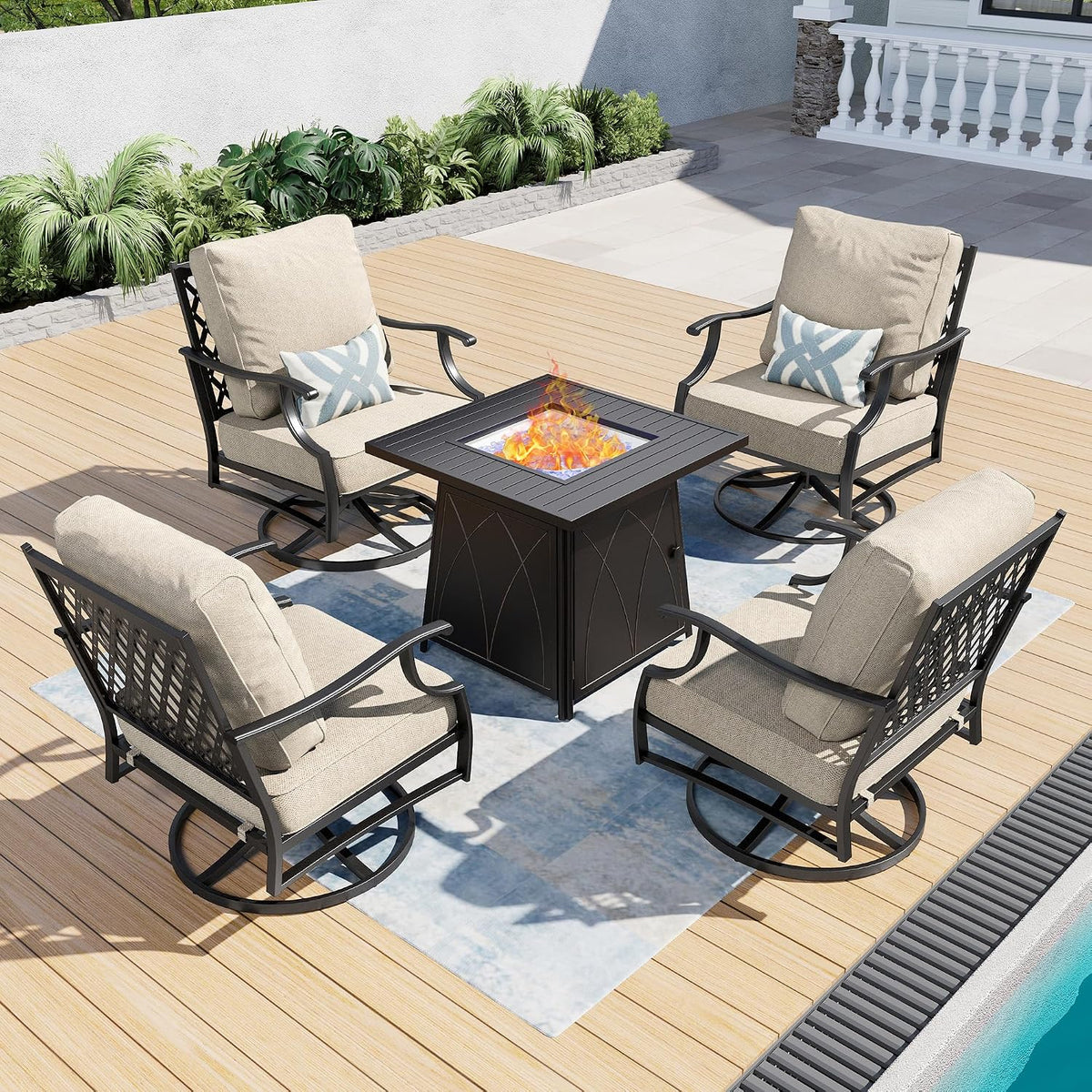 SUNSHINE VALLEY Patio Furniture Set with Firepit Table, 5 Piece Metal Outdoor Patio Furniture set for 4, 4 Swivel Chairs with 5.75' Extra Thick Cushion and Gas Firepit Table for Backyard Poolside Deck