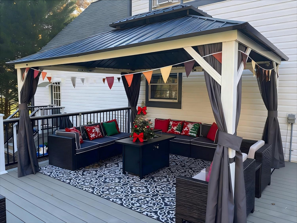 PURPLE LEAF 12' X 14' Hardtop Gazebo Metal Double Roof White Aluminum Frame Outdoor Heavy Duty Gazebo with Curtain and Netting for Patio Garden and Backyard, Grey
