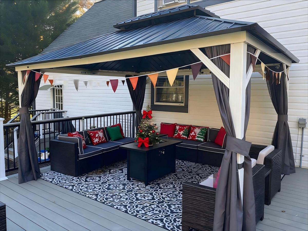 PURPLE LEAF 12' X 14' Hardtop Gazebo Metal Double Roof White Aluminum Frame Outdoor Heavy Duty Gazebo with Curtain and Netting for Patio Garden and Backyard, Grey
