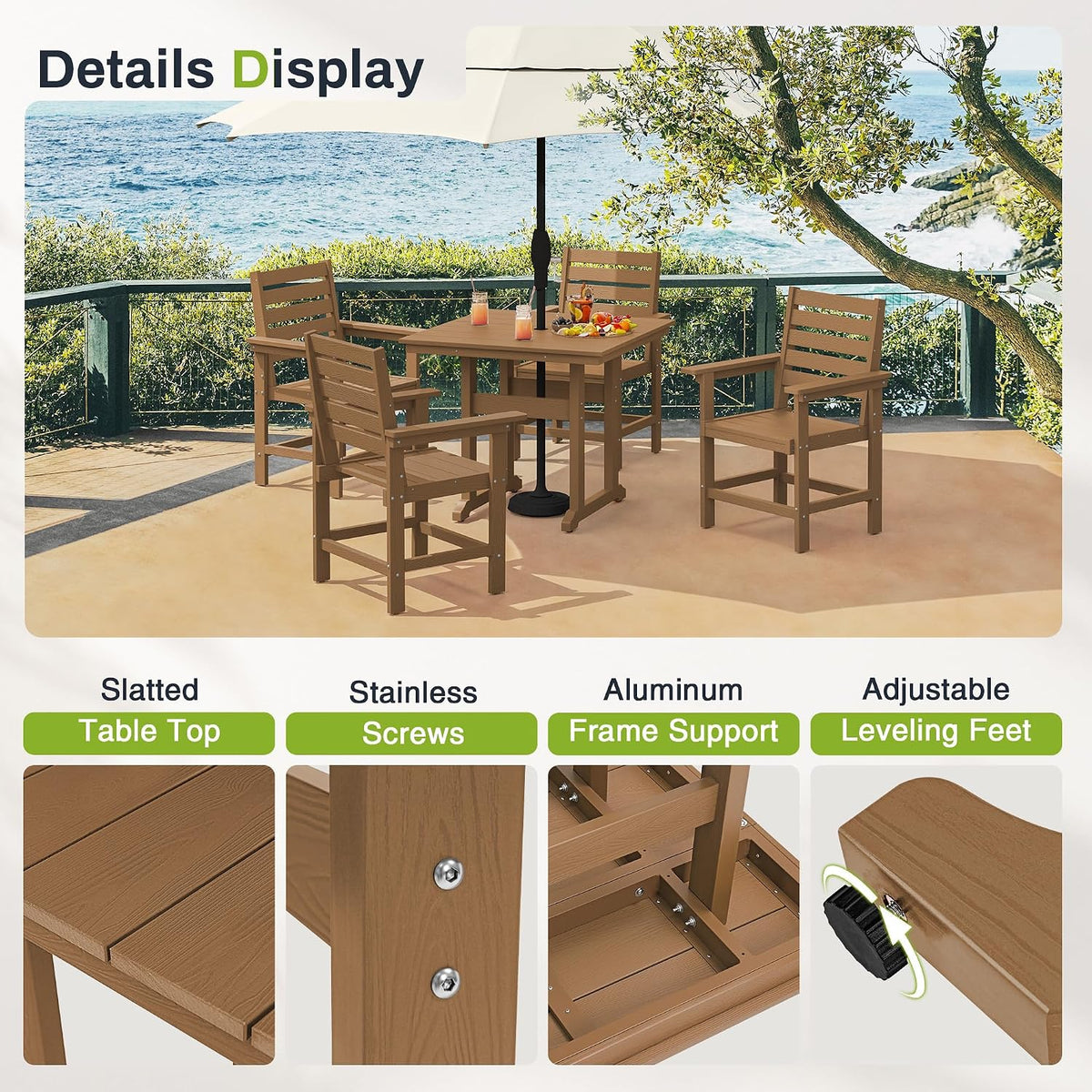 5 Piece Outdoor Dining Set, HDPS Patio Table and Chairs Set, 35' Patio Table with 1.96' Umbrella Hole & 4 Chairs, All Weather Furniture for Garden, Backyard, Poolside (Brown)