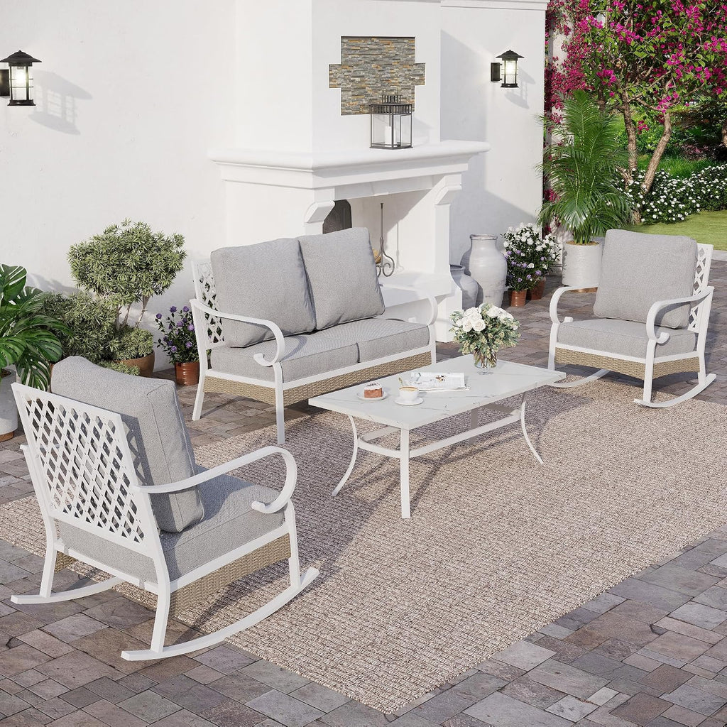 SUNSHINE VALLEY 4 Piece Metal Outdoor Patio Furniture Set, Patio Conversation Sets 1 2-Seater Sofa, 2 Single Sofa with 5.75' Extra Thick Cushion and Coffee Table, White Frame Backyard Furniture, Gray