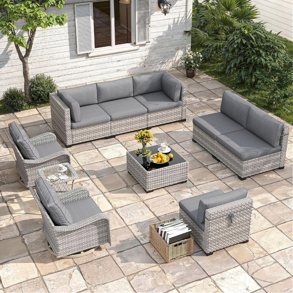 8-Seat Modern Patio Furniture Set with Swivel Rocking Chairs, Thick 4″ Cushions, Dual-Strand Wicker Rattan, Rust-Resistant Steel Frame – Outdoor Conversation & Modular Sectional,Black