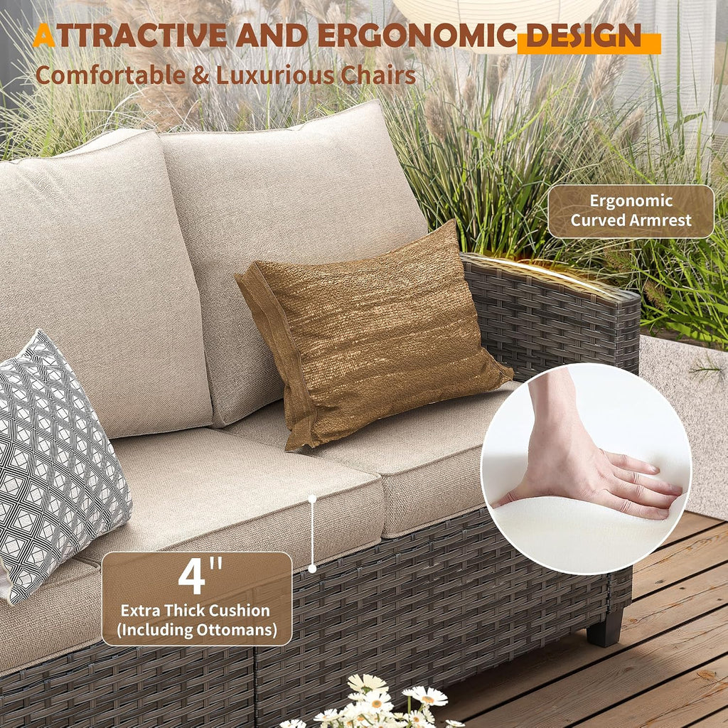UDPATIO Patio Furniture Set with 44' Fire Pit Table, 6 Pieces Outdoor Sectional Conversation Sets, All-Weather Wicker Rattan Sofa Ottoman with 4' Thick Cushion for Garden Backyard Deck, Khaki