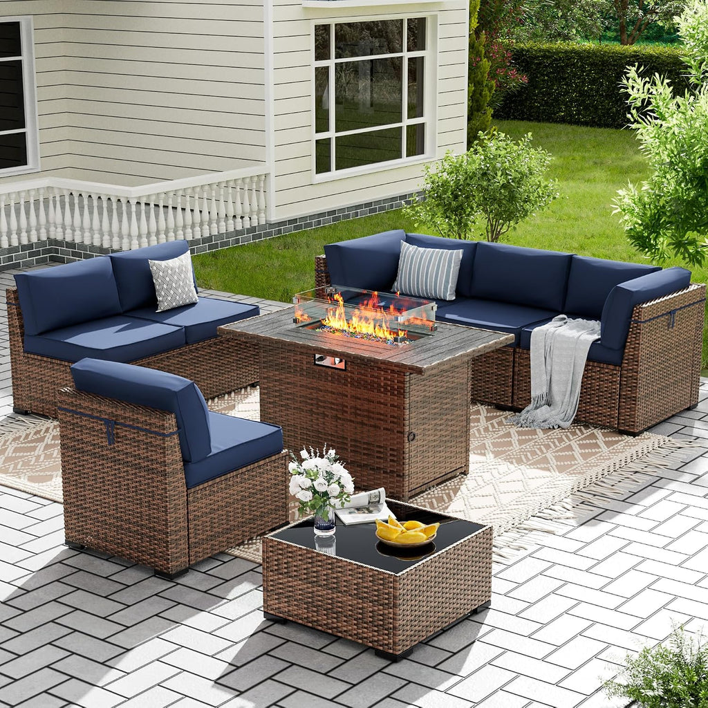 Amopatio 8-Piece Outdoor Patio Furniture Set with 44' Fire Pit Table, Modern Rattan Sectional Couch with Tempered Glass Coffee Table, Thickened Cushions and Include Waterproof Cover (Navy Blue)